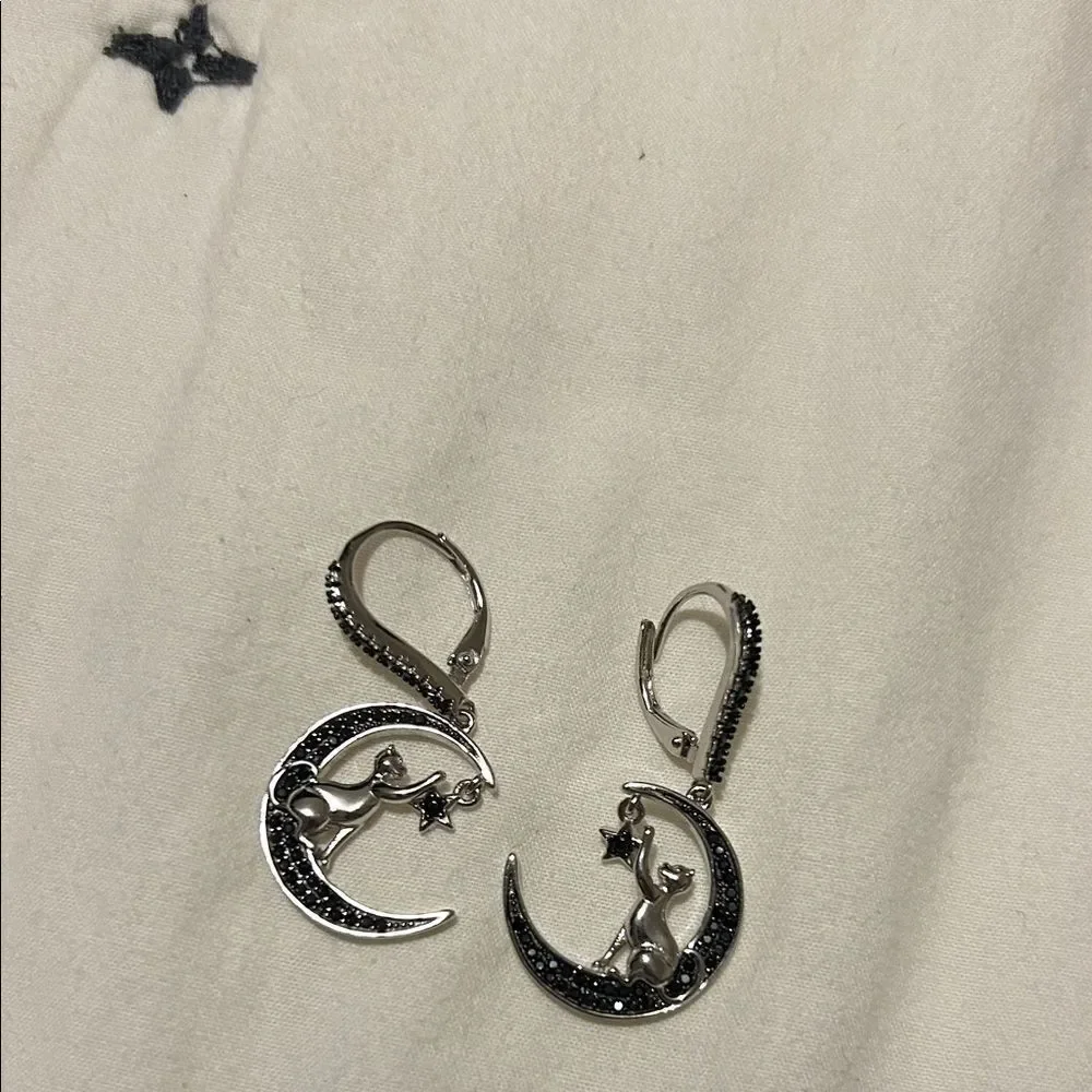 Sterling Silver 925 Cat and Moon Earrings
